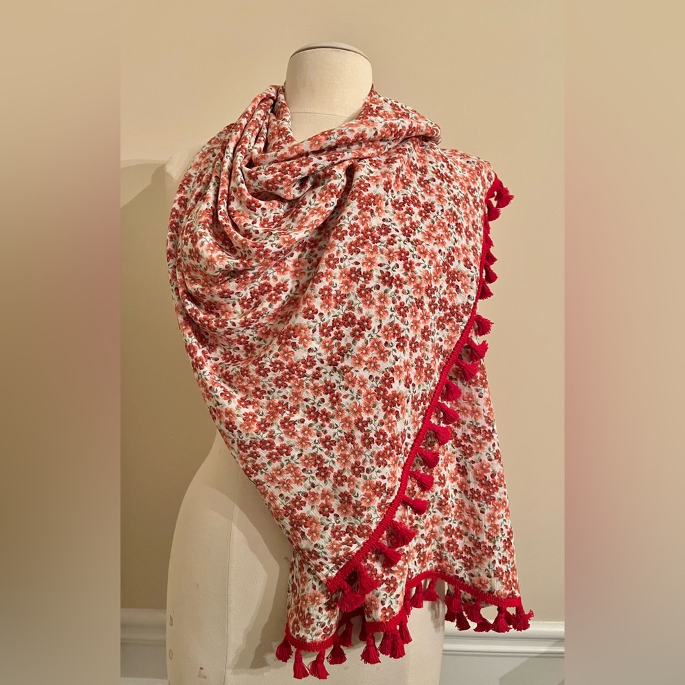 Handcrafted Floral Print Scarf in Light Pink Red and Green with Red Trim - Picture 8 of 8